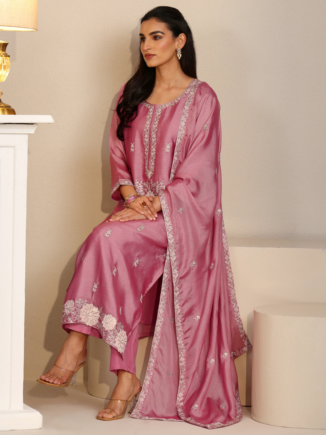 Libas Dusty Rose Pink Floral Embroidered Silk Blend Straight Suit Set