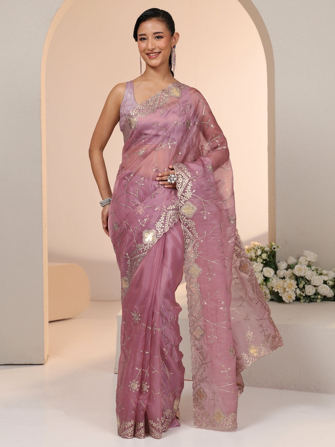 Libas Dusty Rose Pink Floral Embroidered Tissue Saree