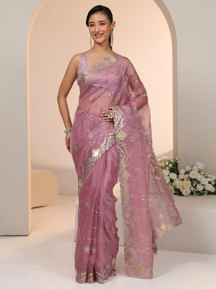 Libas Dusty Rose Pink Floral Embroidered Tissue Saree
