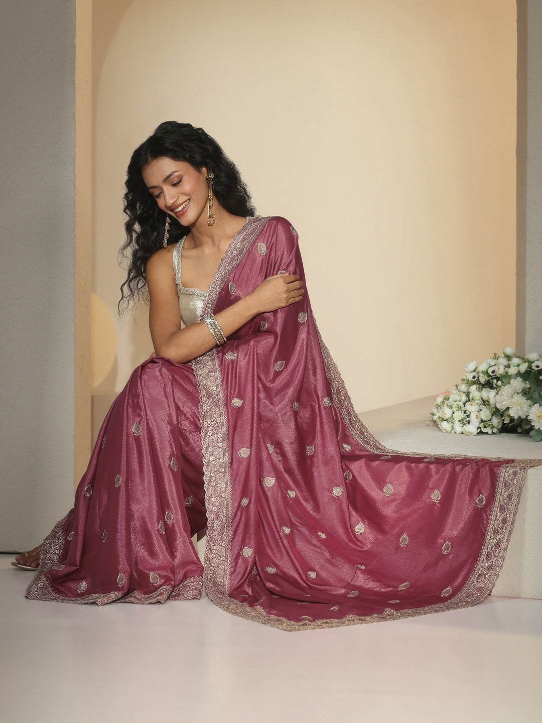 Libas Dusty Rose Pink Zari Embroidered Silk Blend Saree