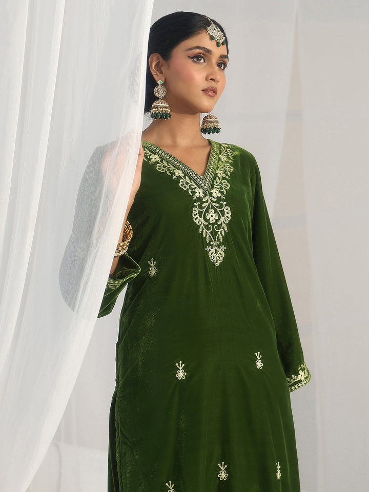 Libas Emerald Green Ethnic Embroidered Velvet Straight Suit Set