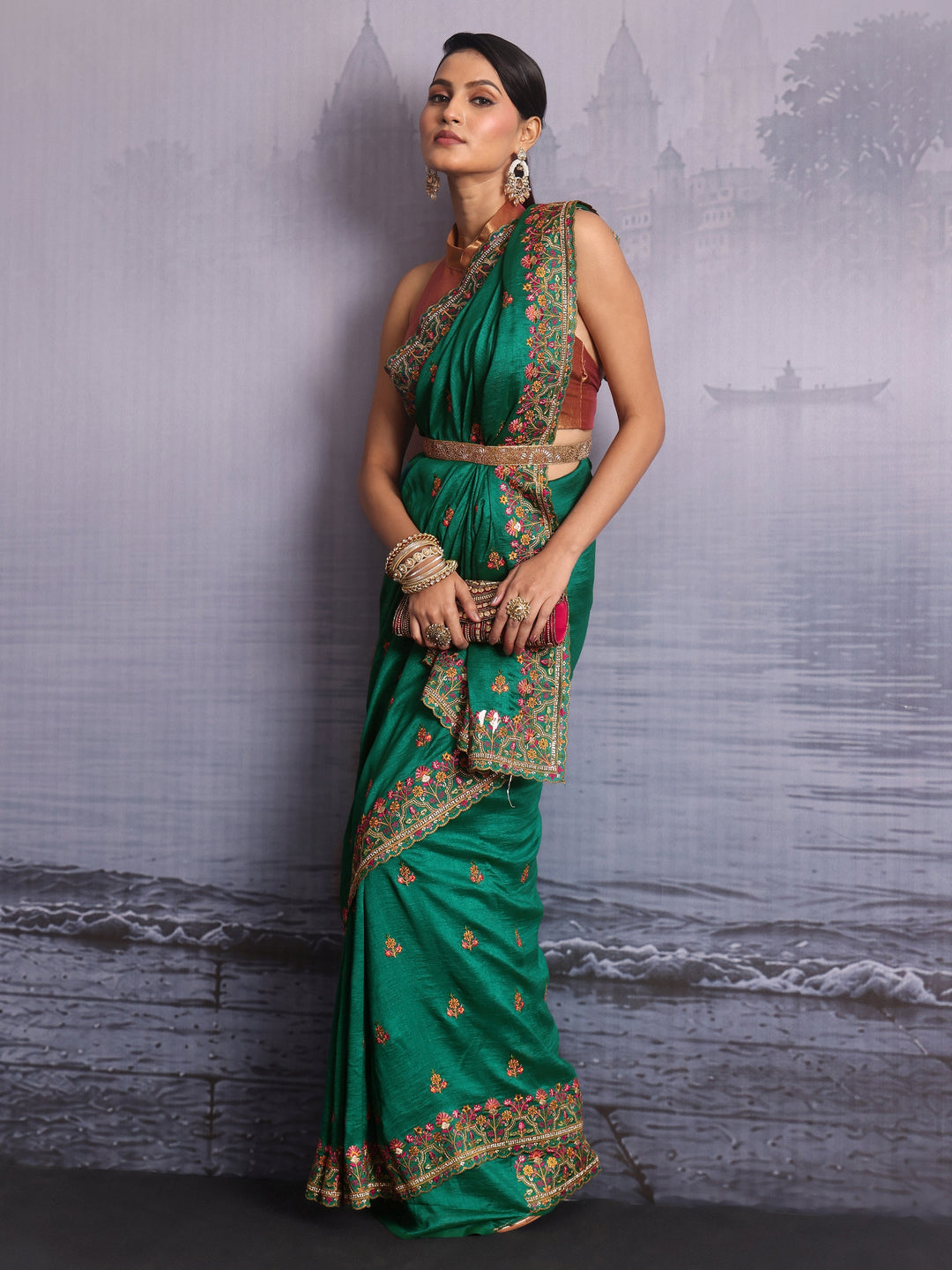 Libas Emerald Green Floral Embroidered Silk Blend Saree