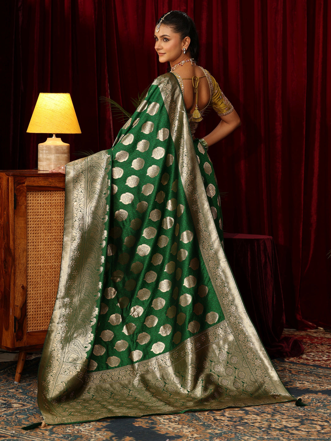 Libas Emerald Green Leaf Motif  Woven Design Silk Blend Saree