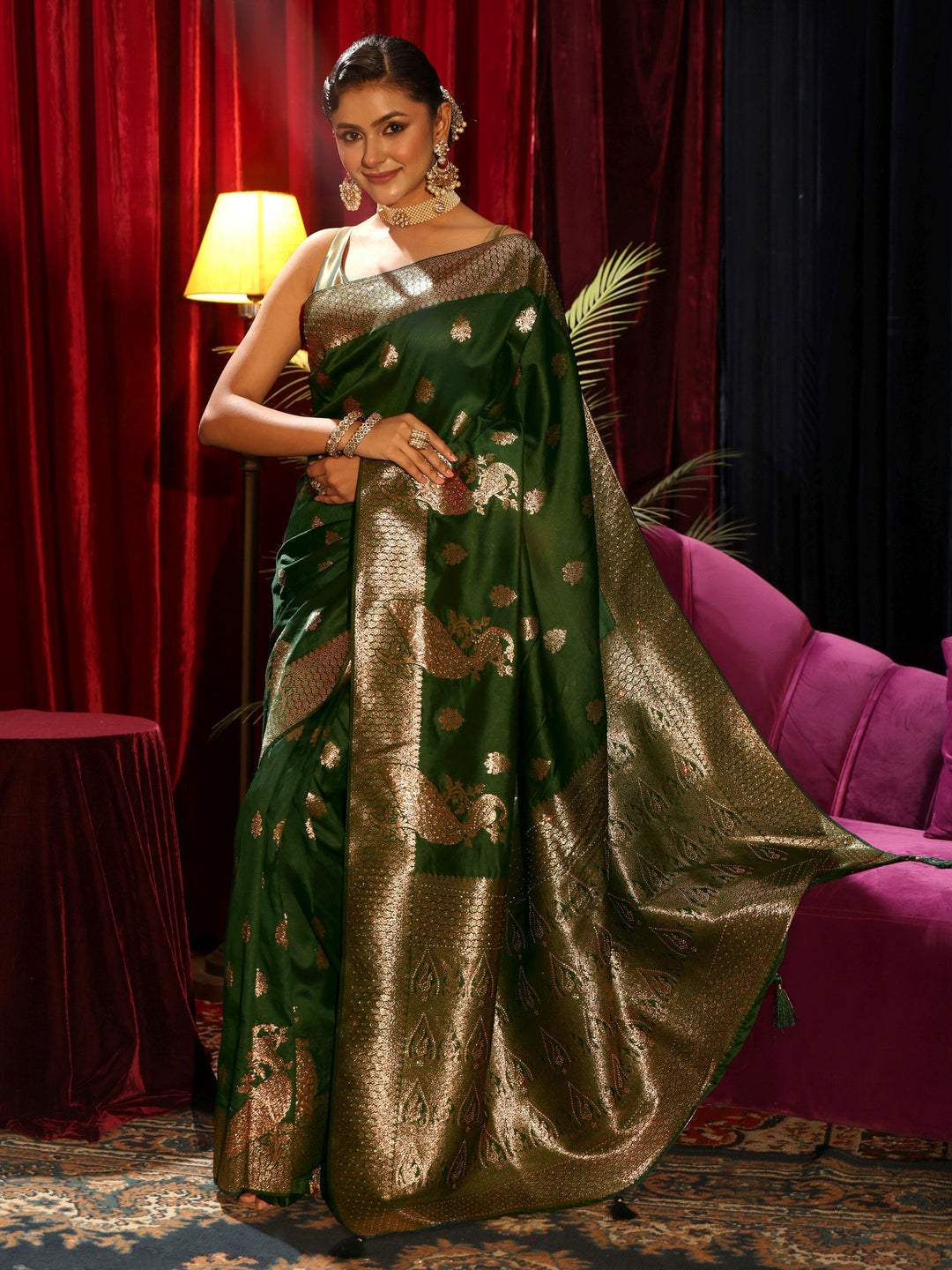 Libas Emerald Green Peacock Woven Design Silk Blend Saree