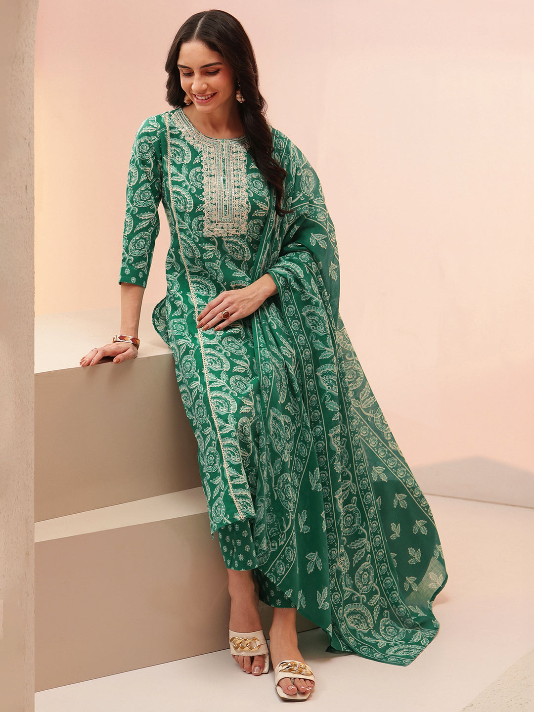 Libas Emerald Green Printed Cotton Straight Suit Set