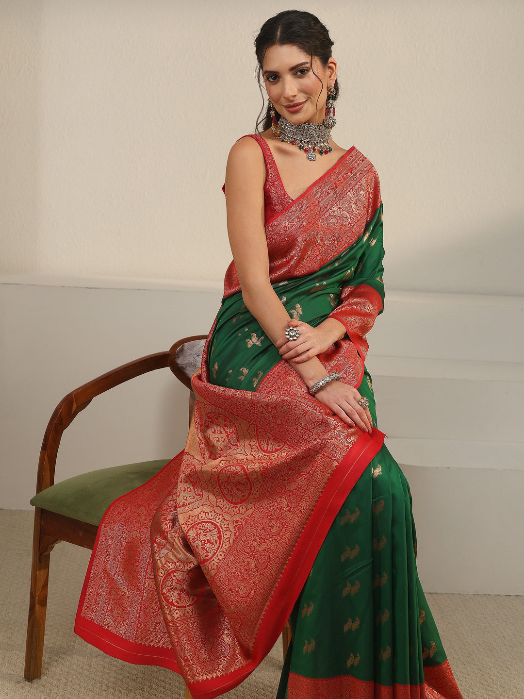 Libas Emerald Green and Red Peacock Woven Design Silk Blend Saree