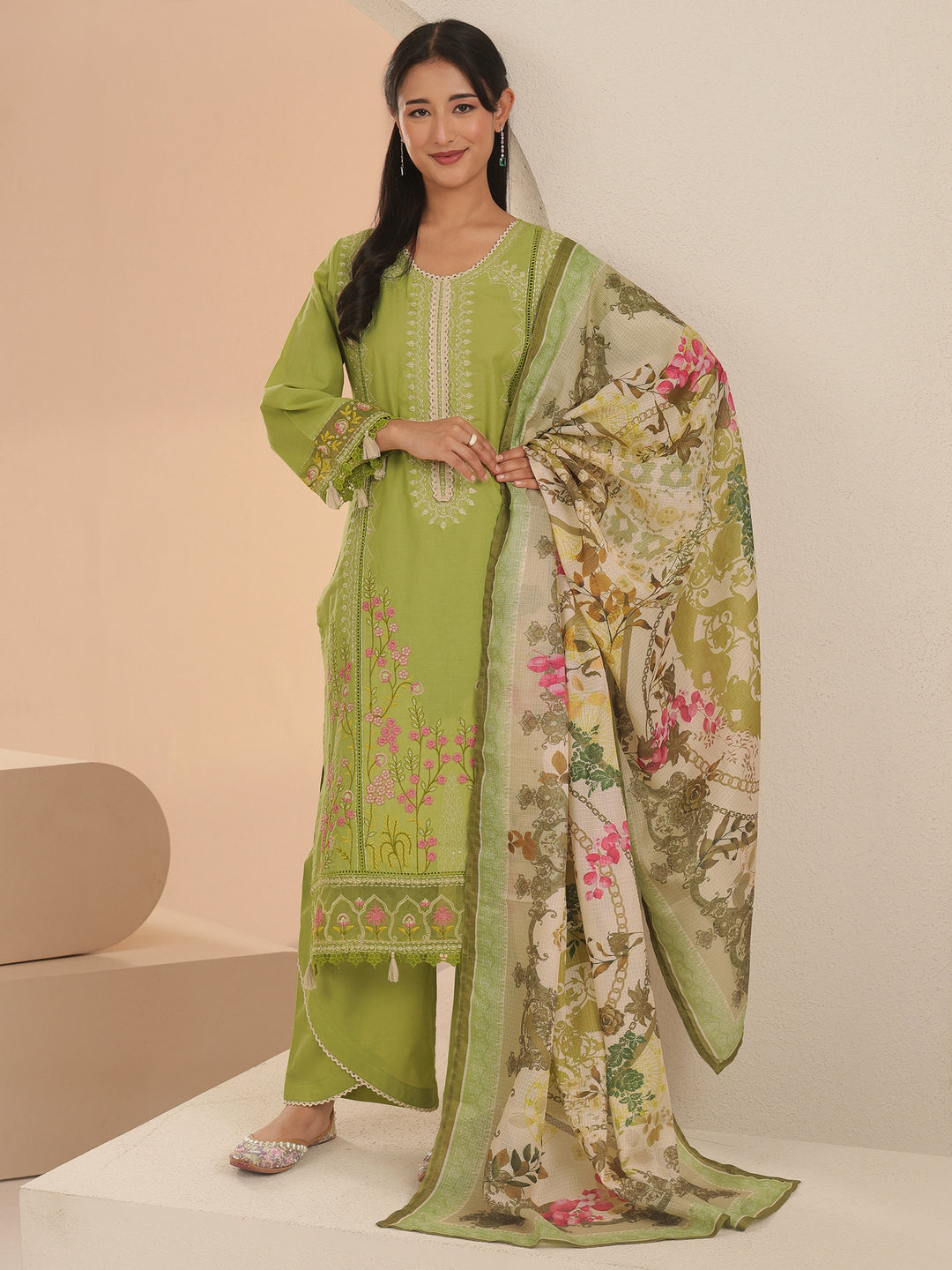 Libas Fern Green Floral Embridered Cotton Straight Suit Set
