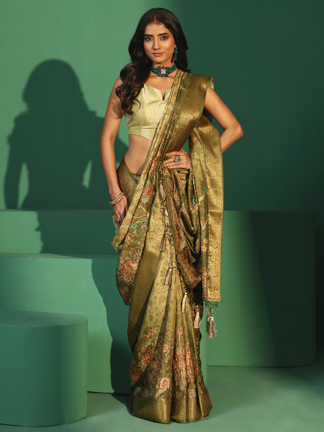 Libas Fern Green Floral Printed Silk Blend Saree with Woven Design Border