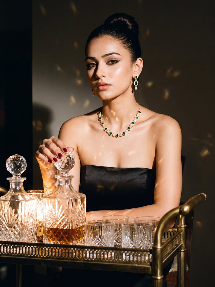 Libas Floral Design AD Emerald Stone Necklace Set