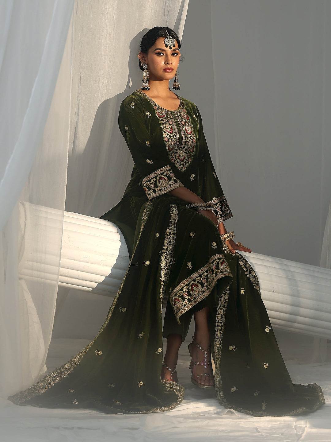 Libas Forest Green Ethnic Embroidered Velvet Straight Suit Set