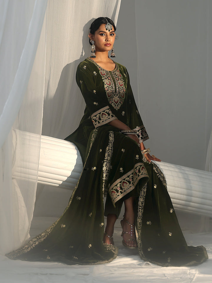 Libas Forest Green Ethnic Embroidered Velvet Straight Suit Set