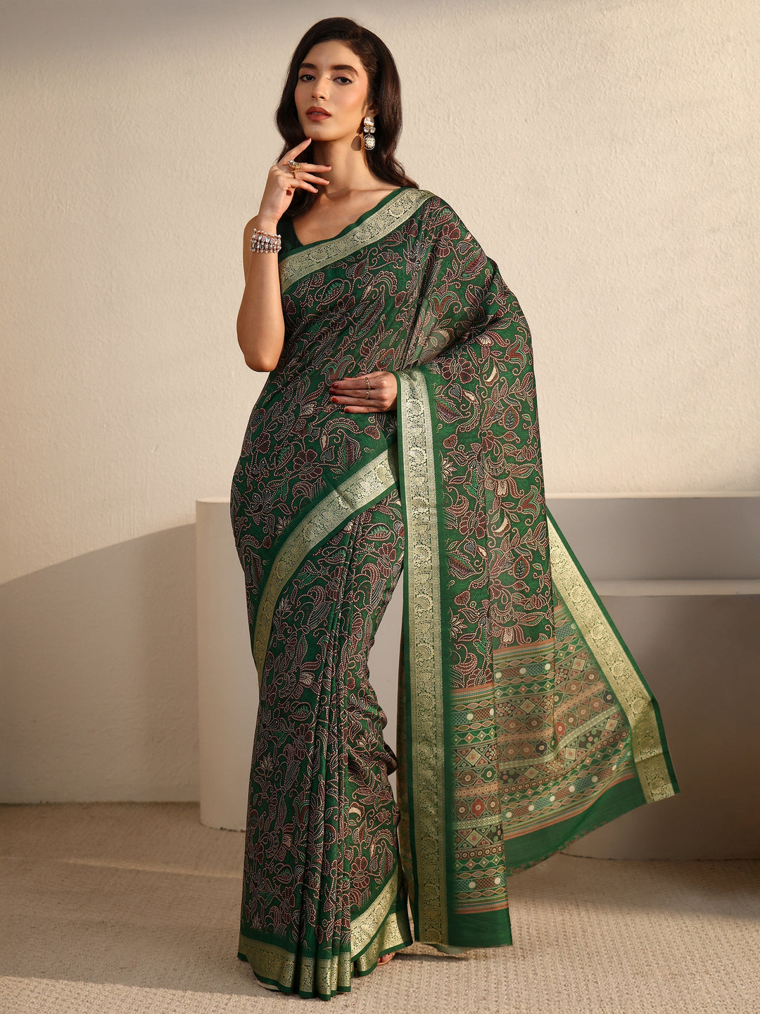 Libas Forest Green Floral Printed Silk Blend Saree with Woven Border