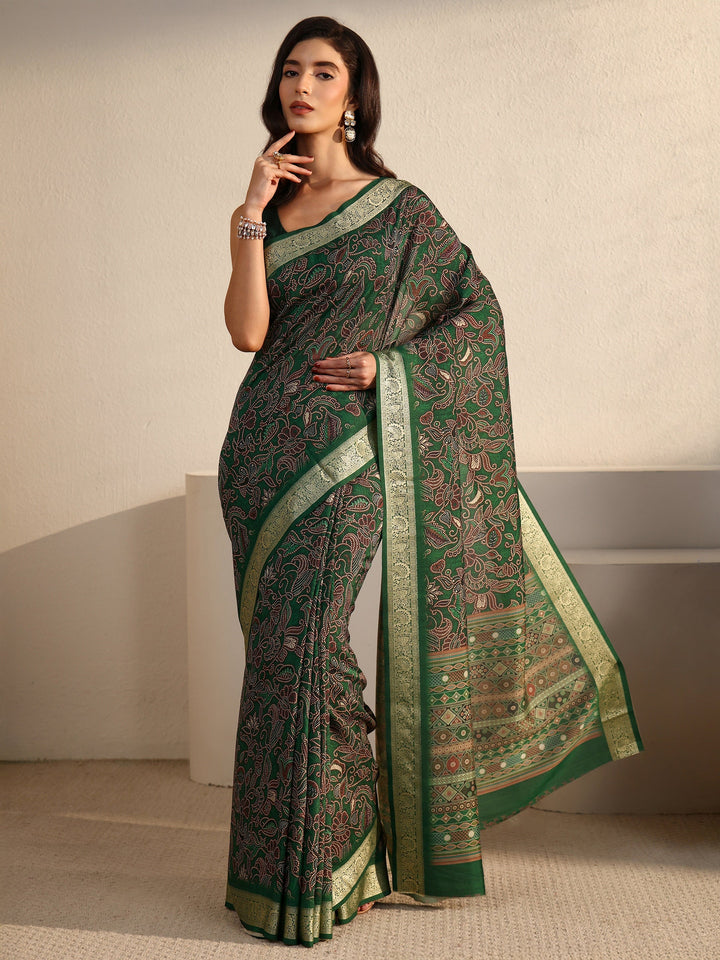 Libas Forest Green Floral Printed Silk Blend Saree with Woven Border