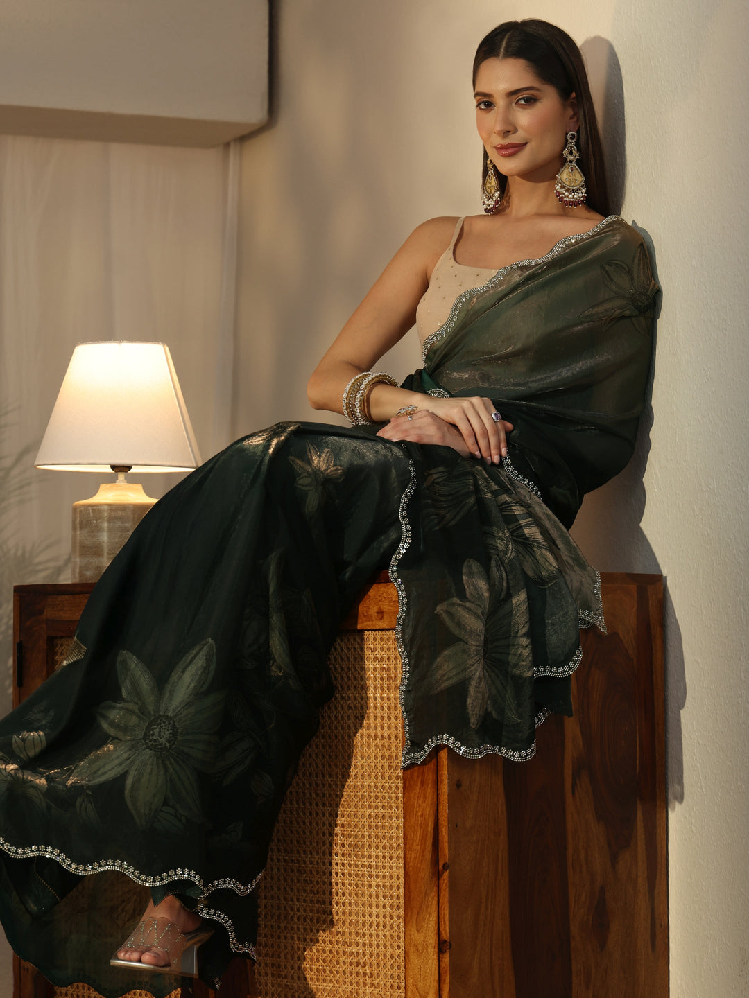 Libas Forest Green Floral Printed Tissue Saree with Embellished Border