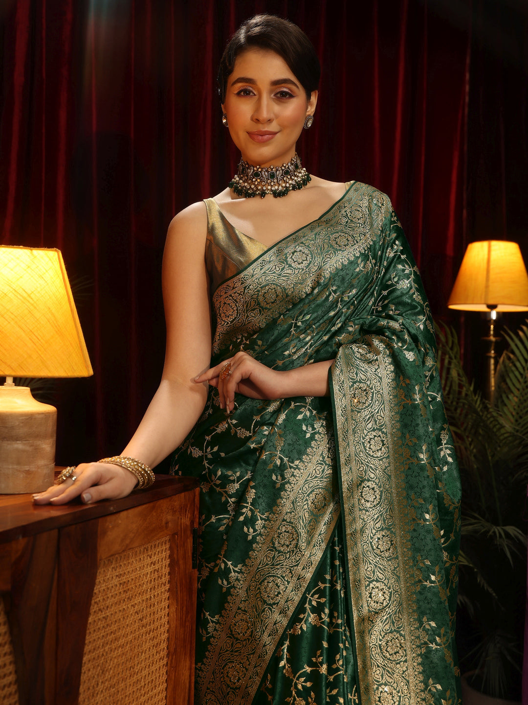 Libas Forest Green Floral Woven Design Embellished Satin Saree