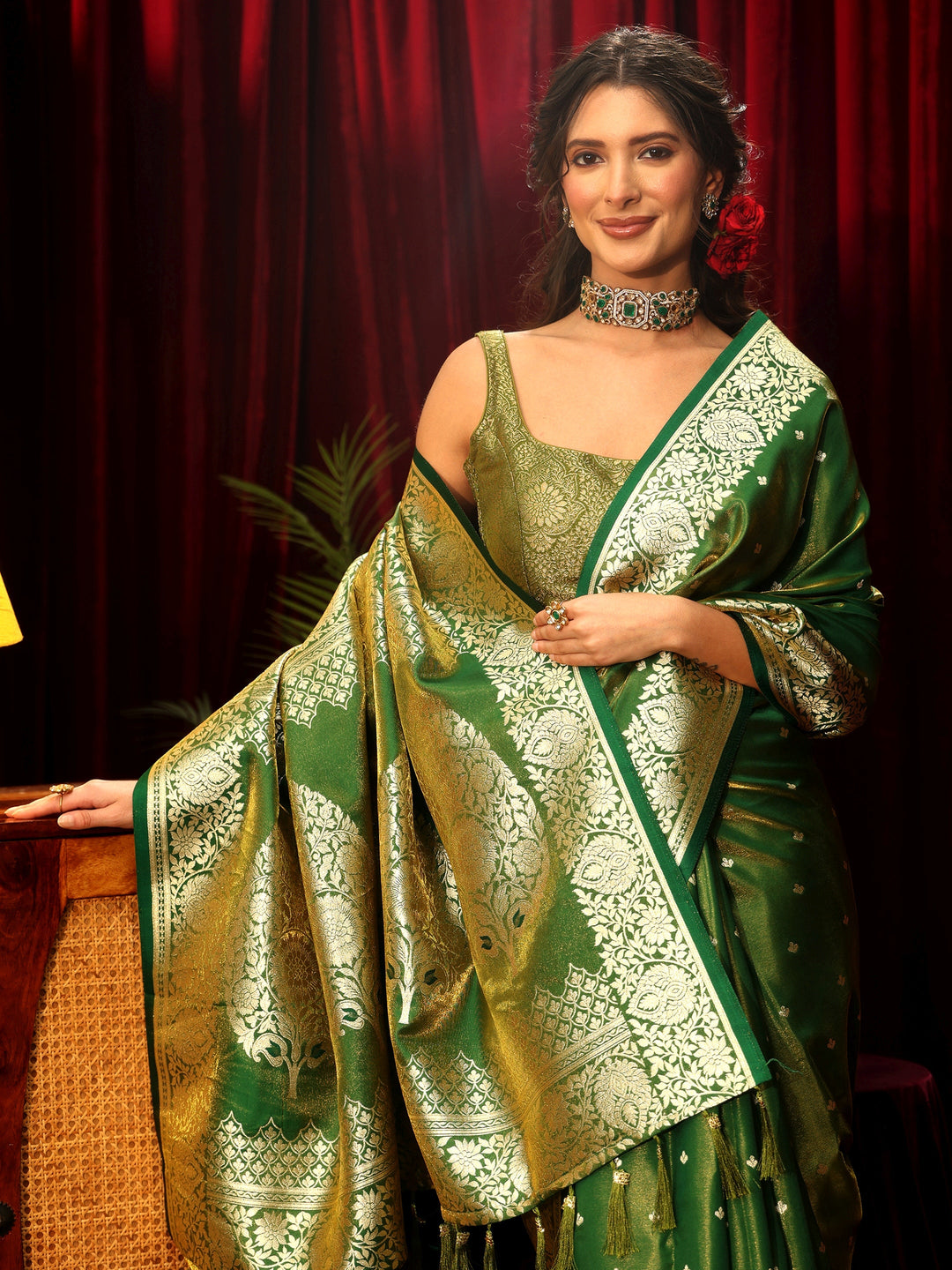 Libas Forest Green Floral Woven Design Satin Saree