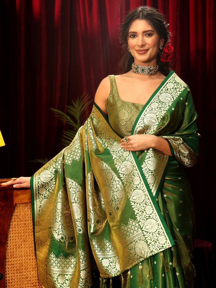 Libas Forest Green Floral Woven Design Satin Saree