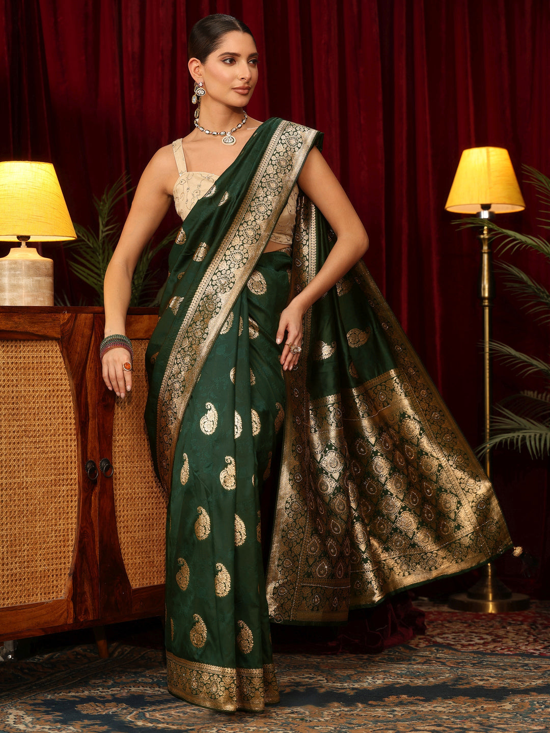 Libas Forest Green Paisley Woven Design Silk Blend Saree