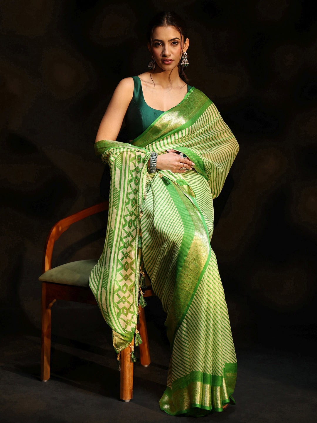 Libas Forest Green Striped Chiffon Saree with Paisley Border