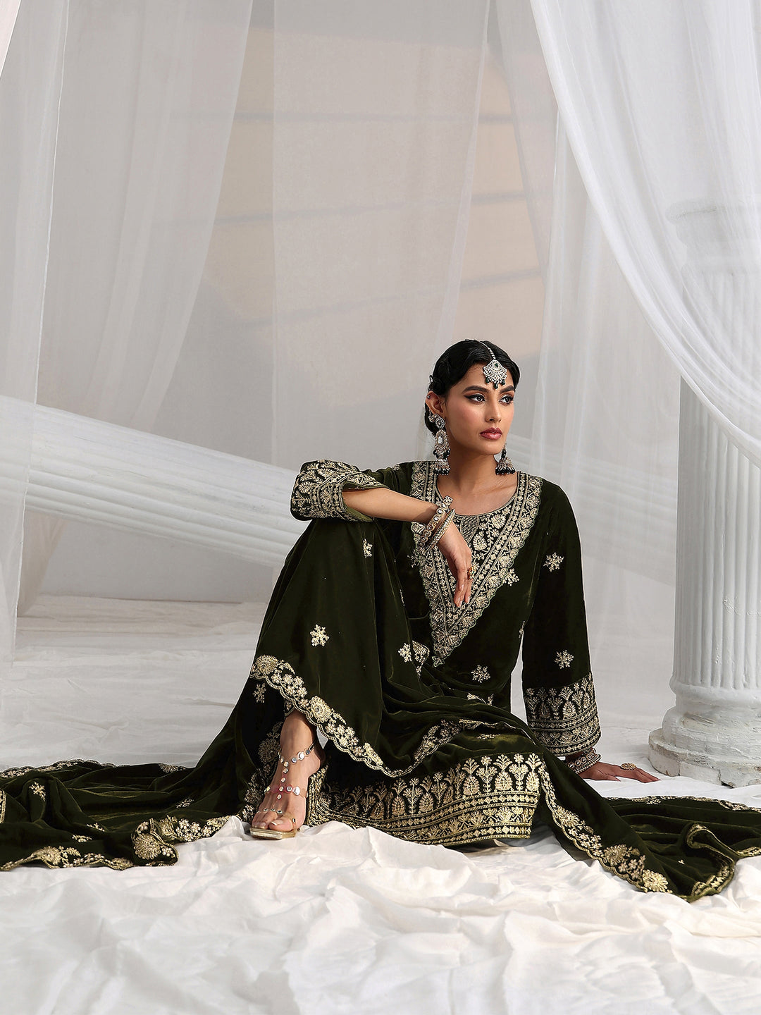 Libas Forest Green Yoke Design Velvet Straight Suit Set