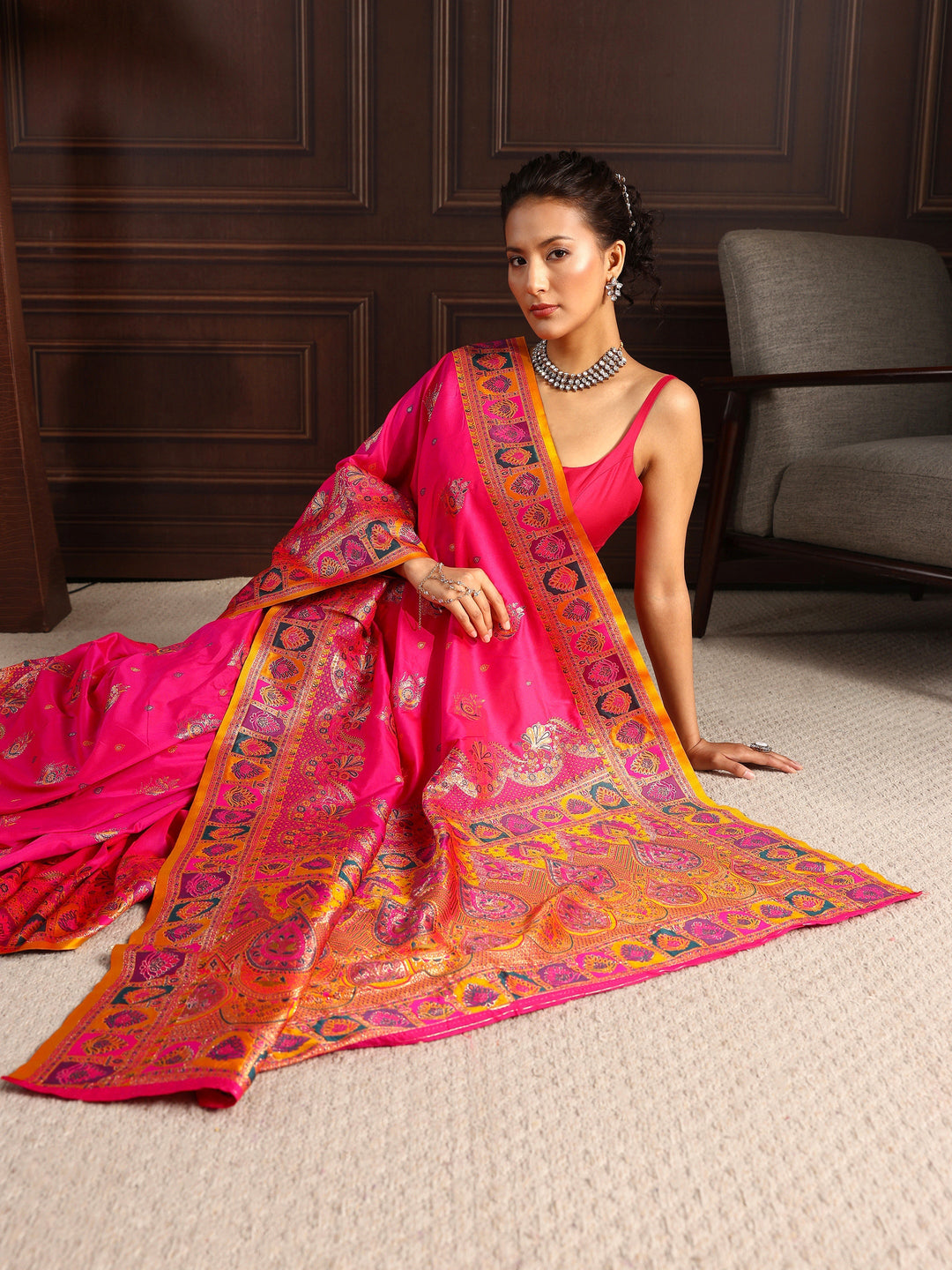 Libas Fuchsia Pink Ethnic Woven Design Satin Saree