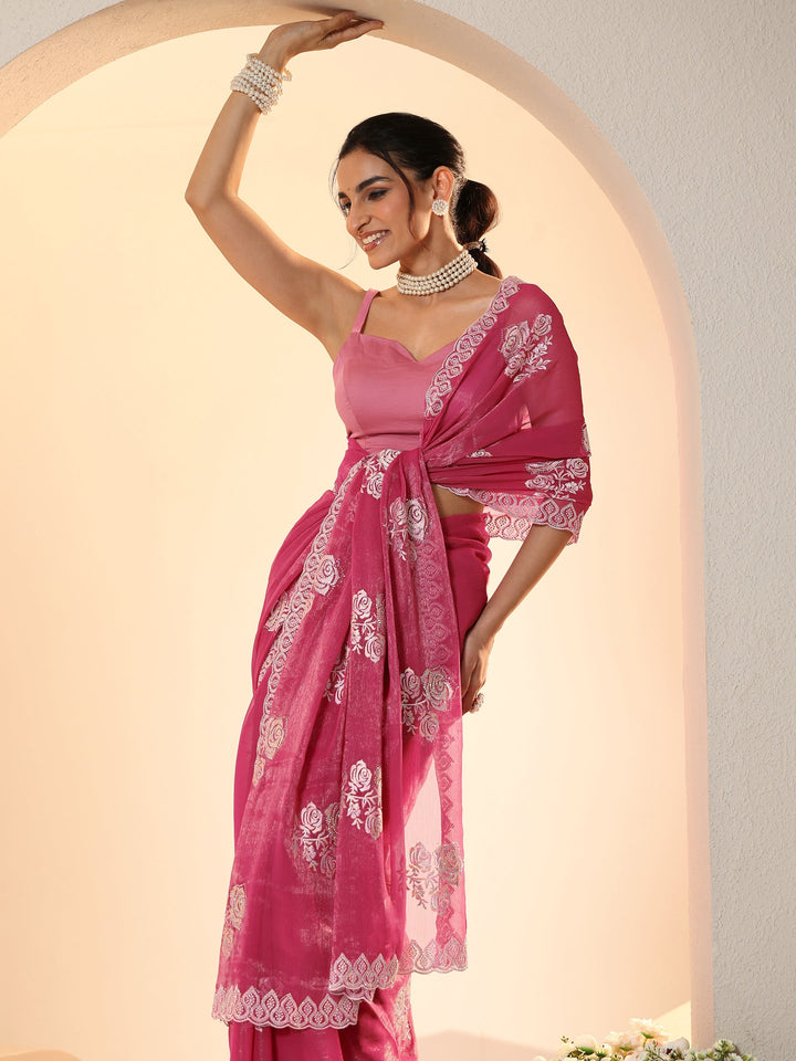 Libas Fuchsia Pink Floral Embroidered Chiffon Saree