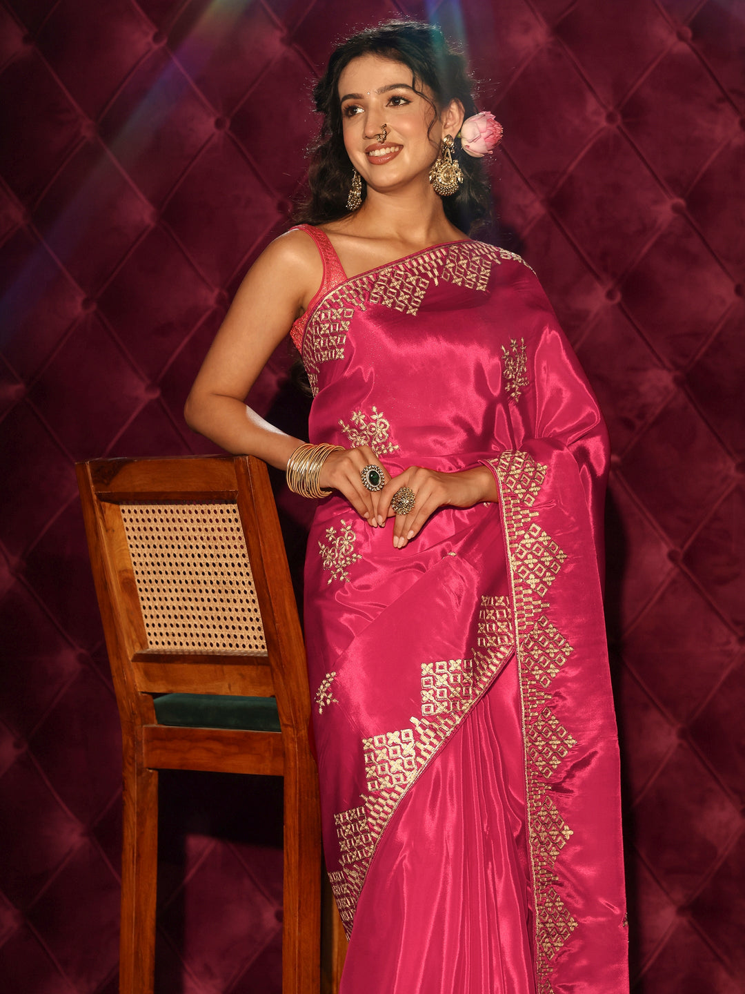 Libas Fuchsia Pink Floral Embroidered Satin Saree
