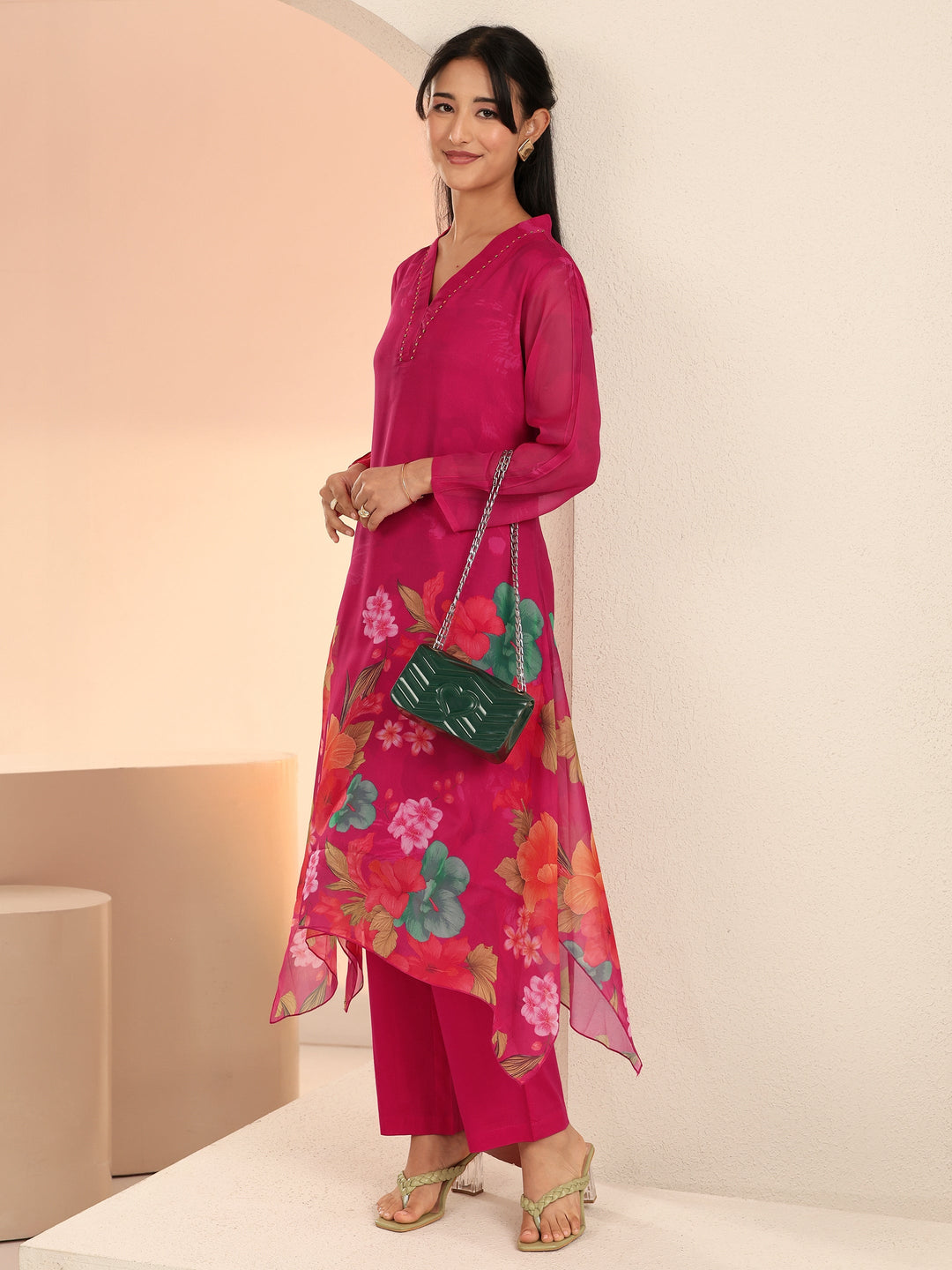 Libas Fuchsia Pink Floral Printed Chiffon High Low Kurta Set