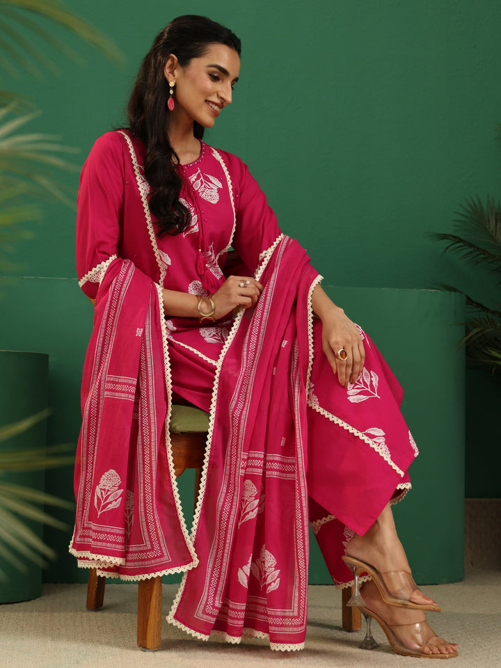 Libas Fuchsia Pink Floral Printed Cotton Straight Suit Set