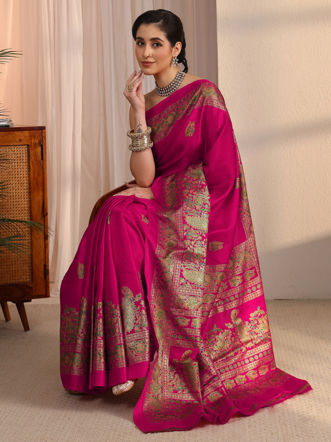 Libas Fuchsia Pink Floral Printed Silk Saree