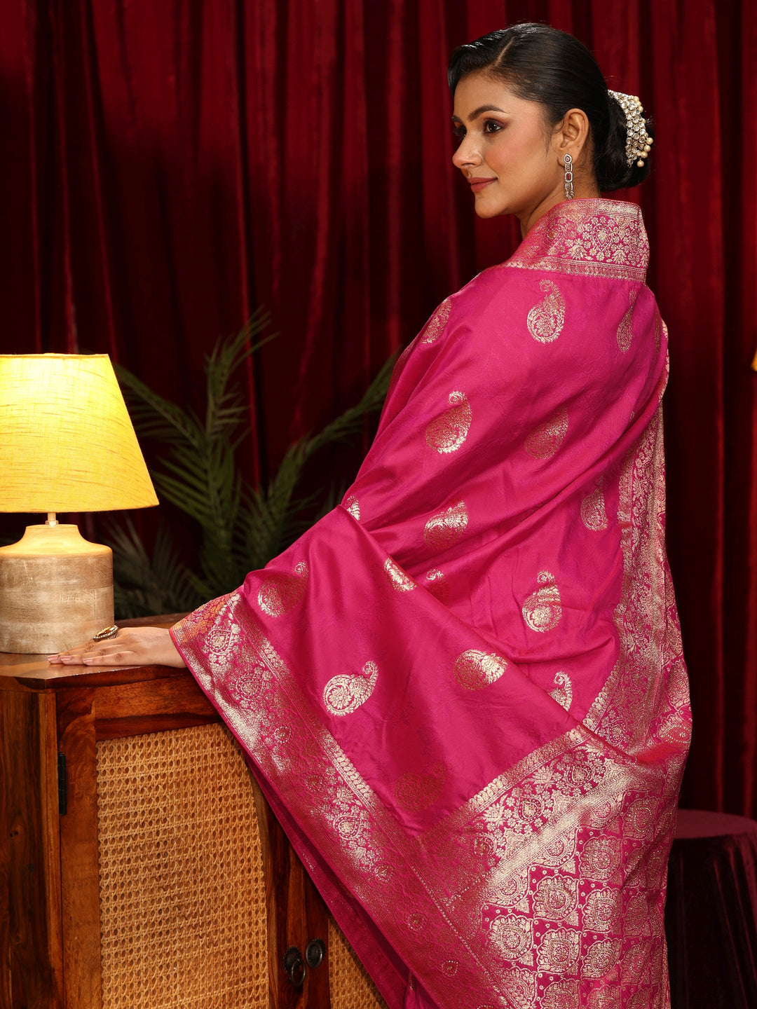 Libas Fuchsia Pink Paisley Woven Design Silk Blend Saree