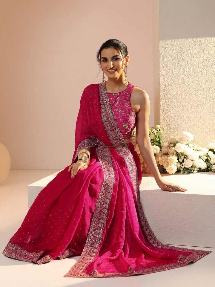 Libas Fuchsia Pink Stone Work Striped Embellished Tissue Saree