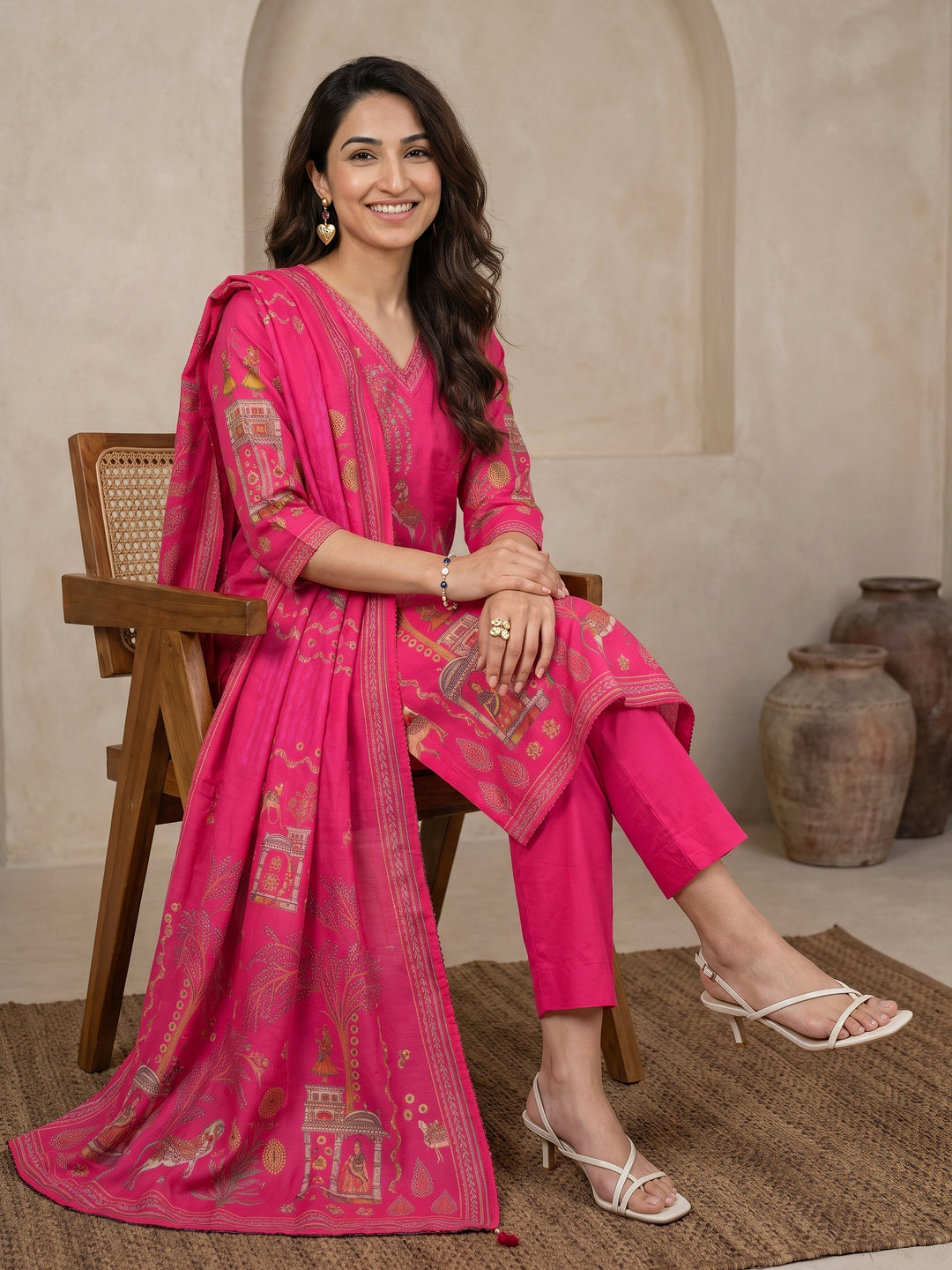 Libas Fuchsia Pink Tribal Printed Cotton Straight Suit Set