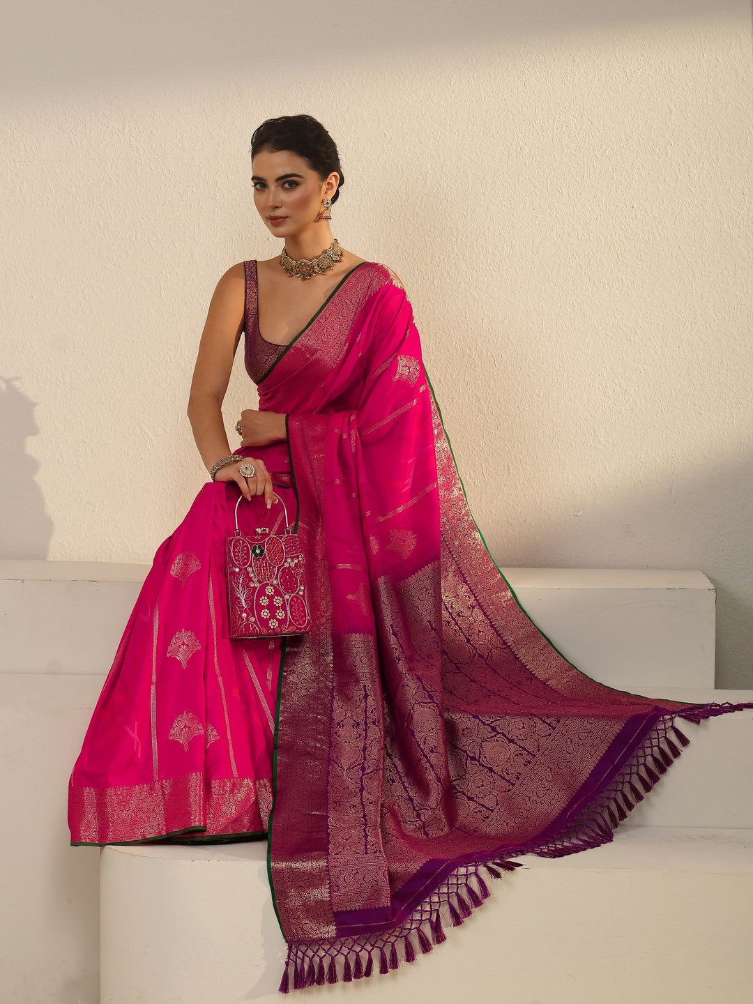 Libas Fuchsia Pink Woven Design Silk Blend Tassel Saree