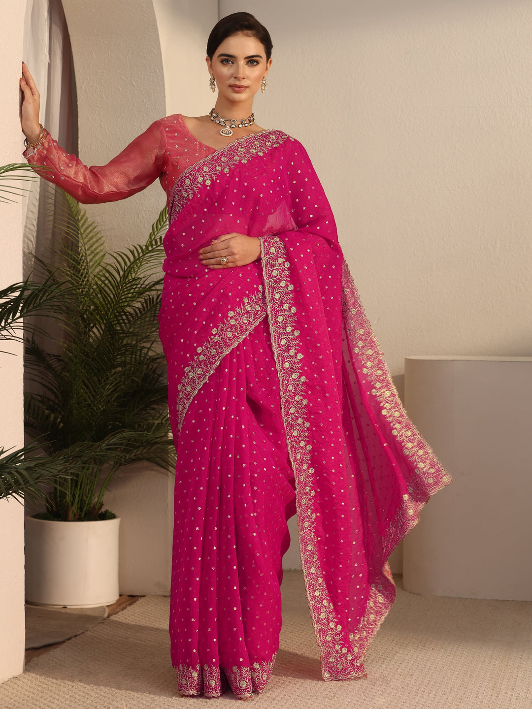 Libas Fuchsia Pink Woven Design Tissue Saree with Floral Border