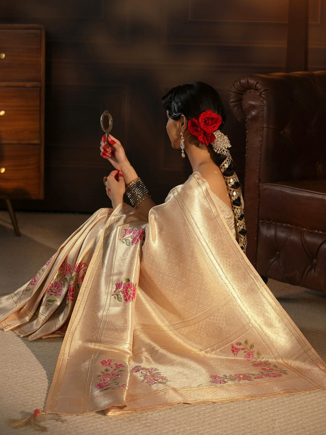 Libas Gold Banarasi Silk Saree with Floral Stone Work