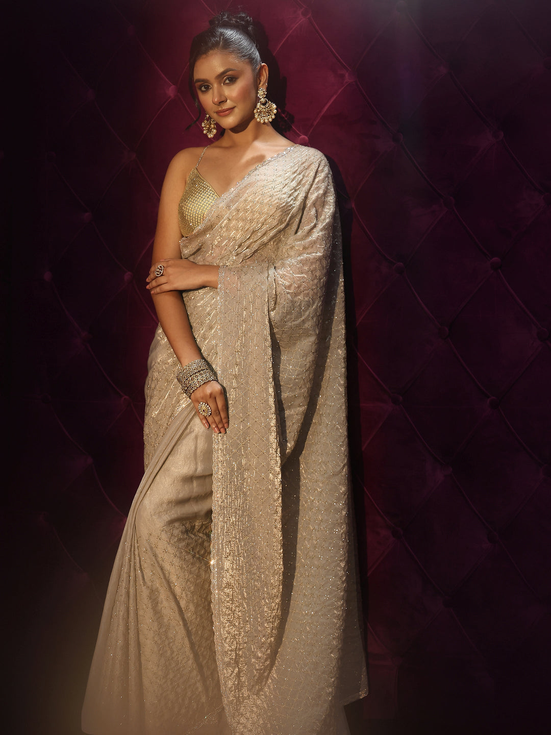 Libas Gold Floral Embroidered Tissue Saree with Embellished Border