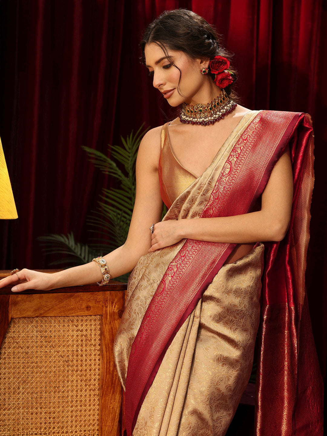 Libas Gold Floral Woven Design Silk Blend Saree