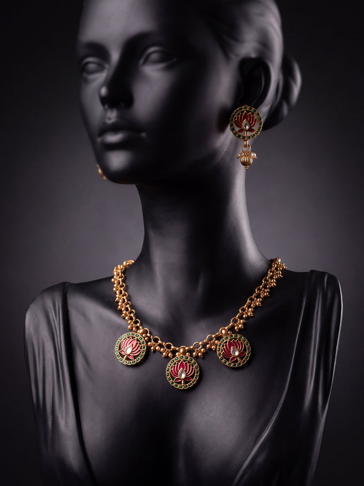 Libas Gold Tone Meenakari Lotus Motif Necklace Set