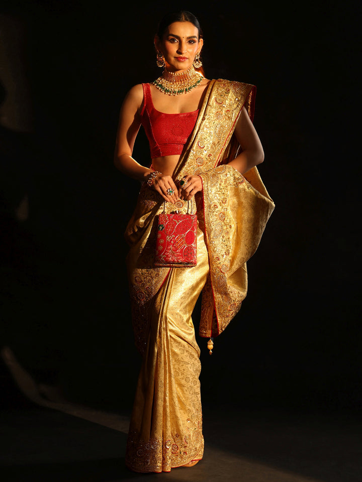 Libas Gold Woven Design Satin Saree with Embellished Border