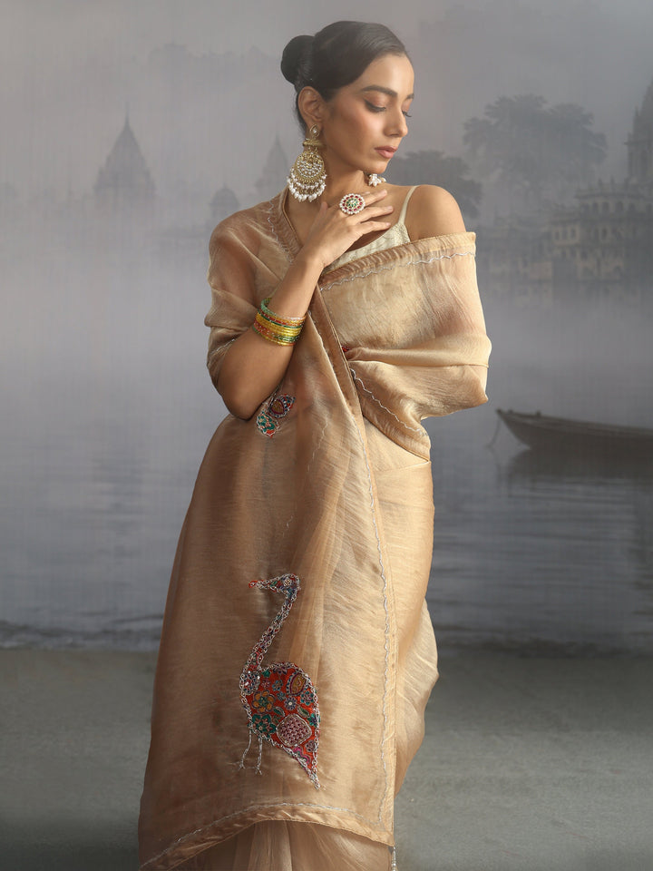Libas Golden Embellished Tissue Saree with Applique Work