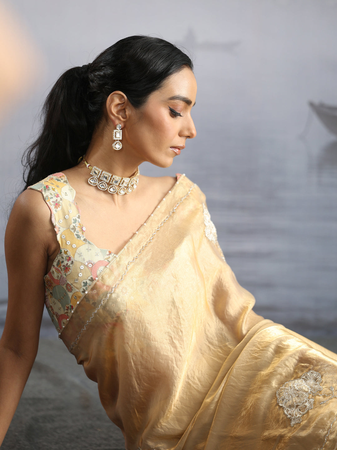 Libas Golden Floral Embellished Tissue Saree