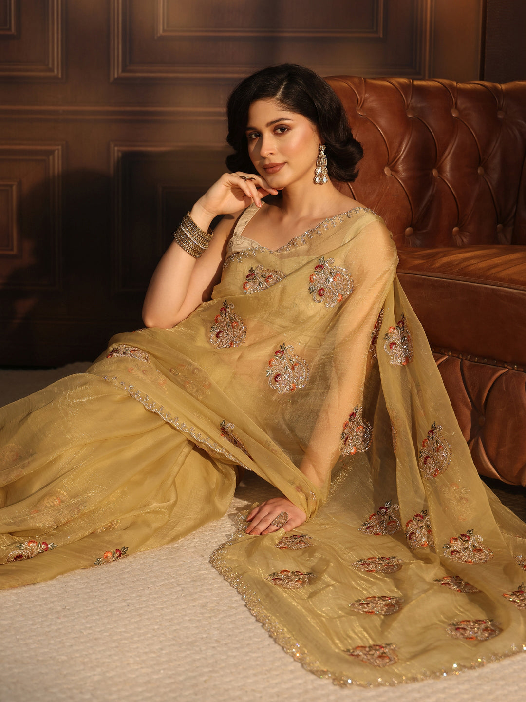 Libas Golden Floral Embroidered Tissue Saree