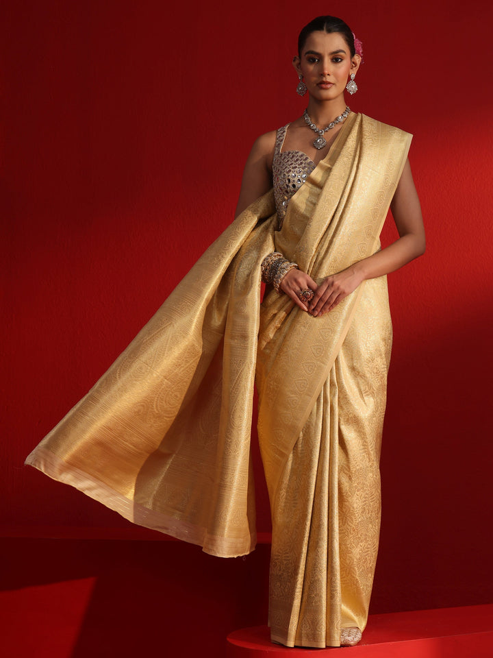 Libas Golden Floral Woven Design Satin Saree