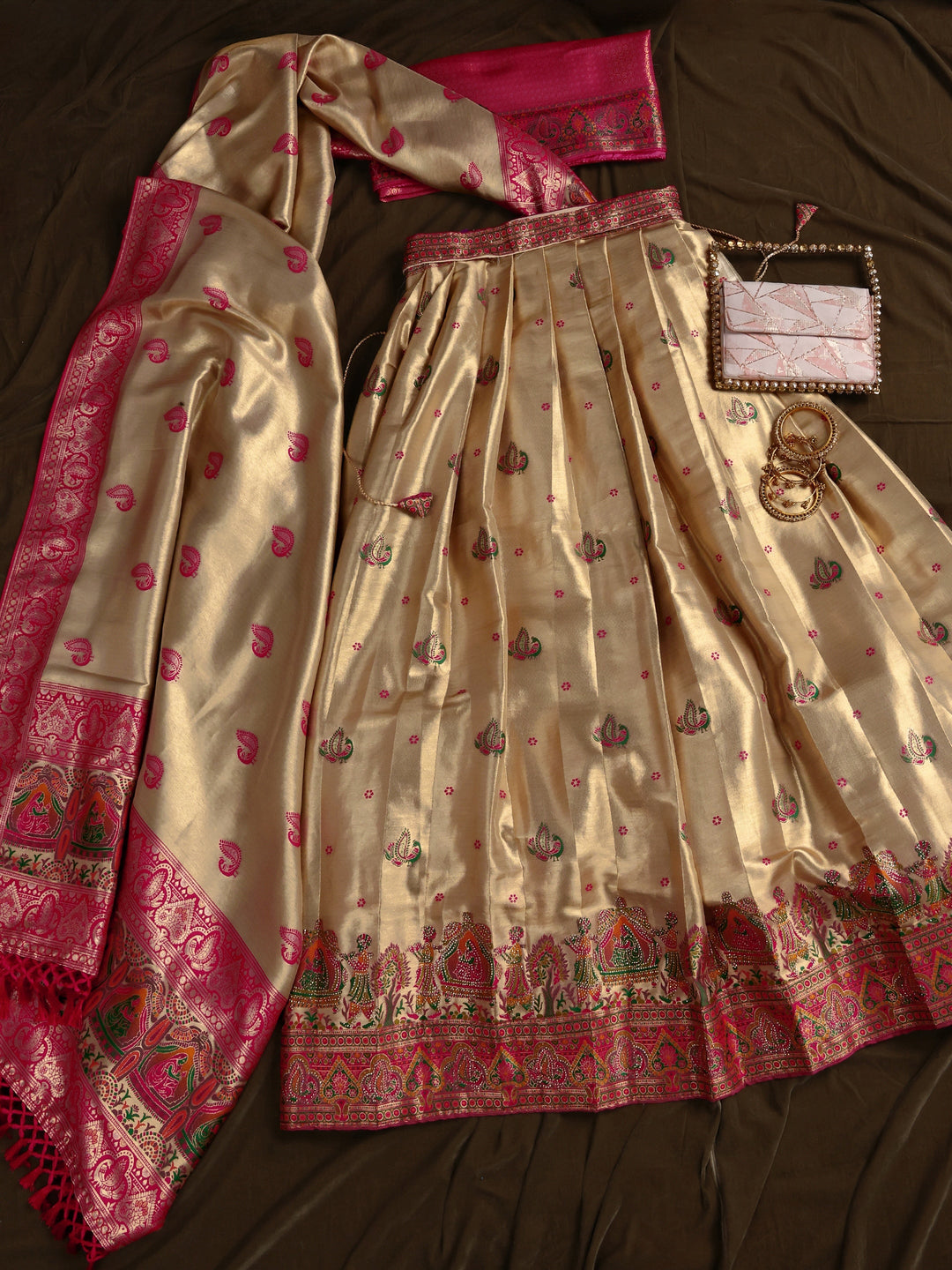Libas Golden Mughal Woven Design Silk Blend Semi-Stitched Lehenga Choli