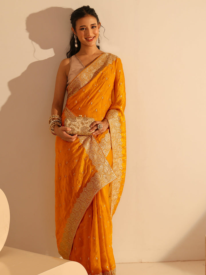 Libas Golden Mustard Embellished Tissue Saree