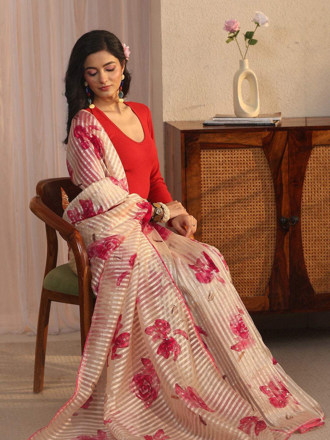 Libas Golden Striped Floral Printed Organza Saree