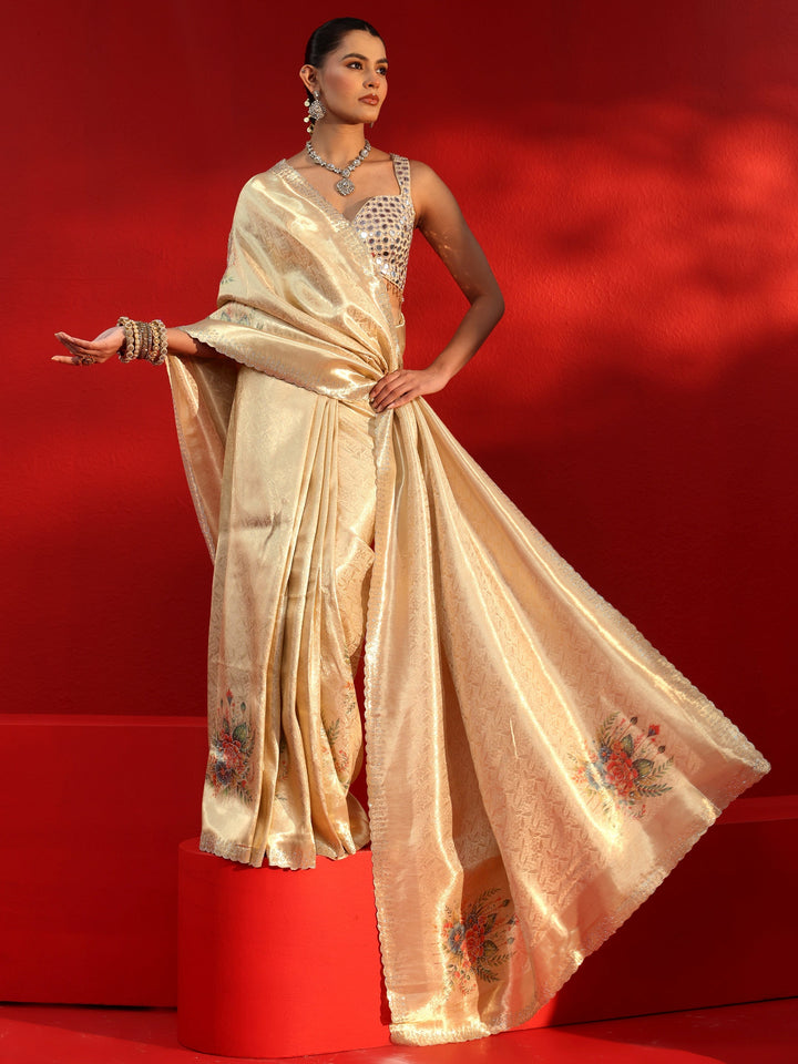 Libas Golden Woven Design Silk Blend Saree with Embellished Border