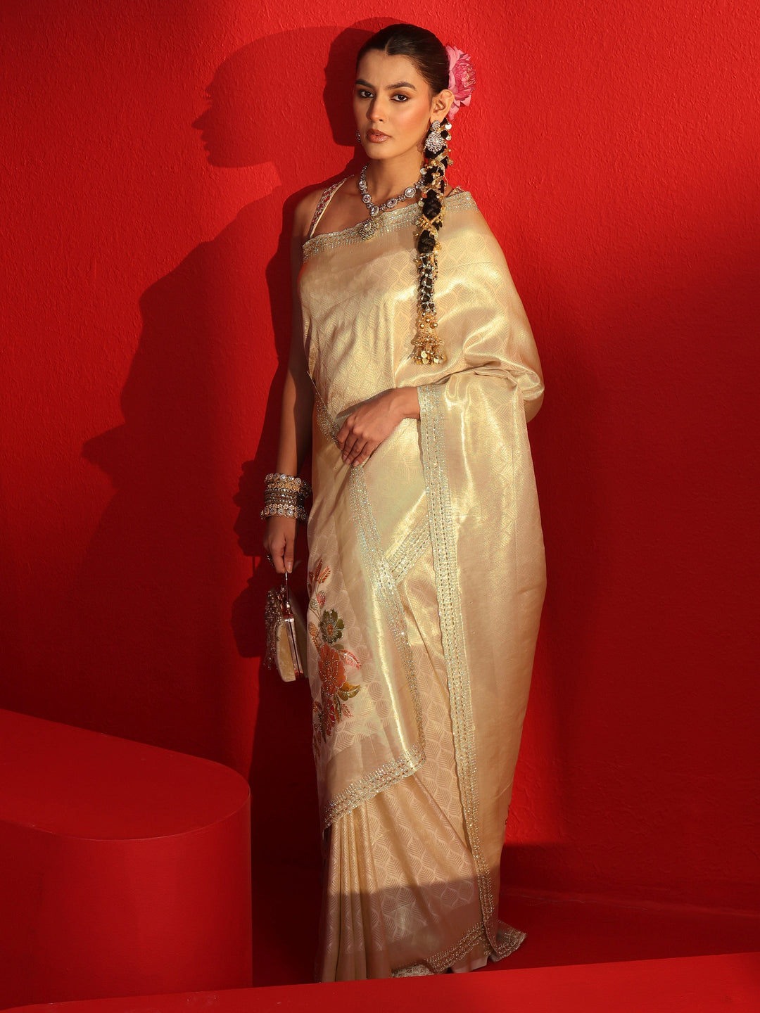 Libas Golden Woven Design Silk Blend Saree with Embellished Border