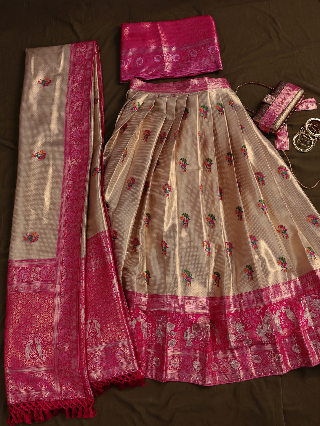 Libas Golden Woven Design Silk Blend Semi-Stitched Lehenga Choli